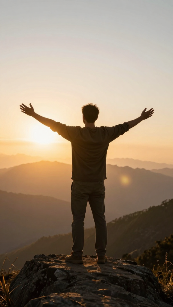 Man Embracing Sunrise on Mountain Peak