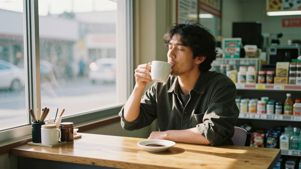 Man Enjoying Coffee in a Convenience Store
