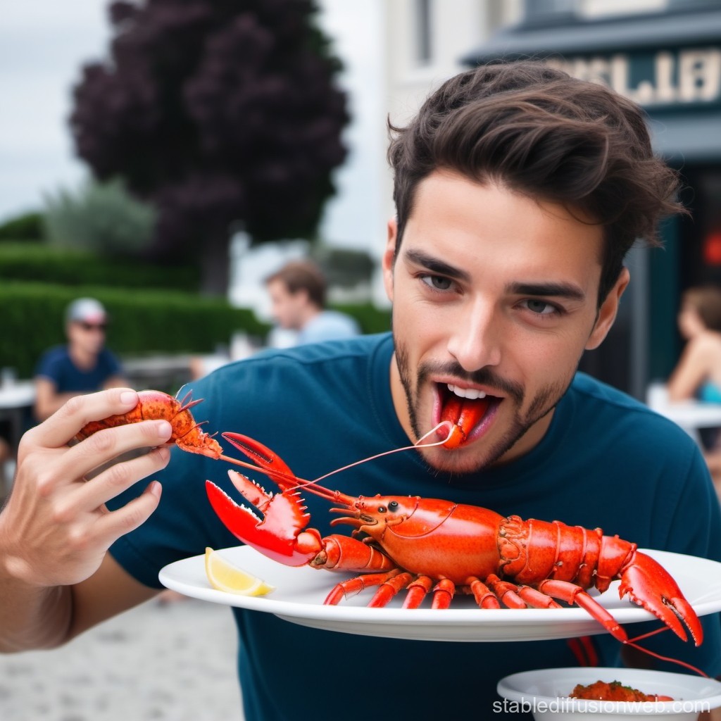 Man Enjoying Fresh Lobster at Outdoor Restaurant