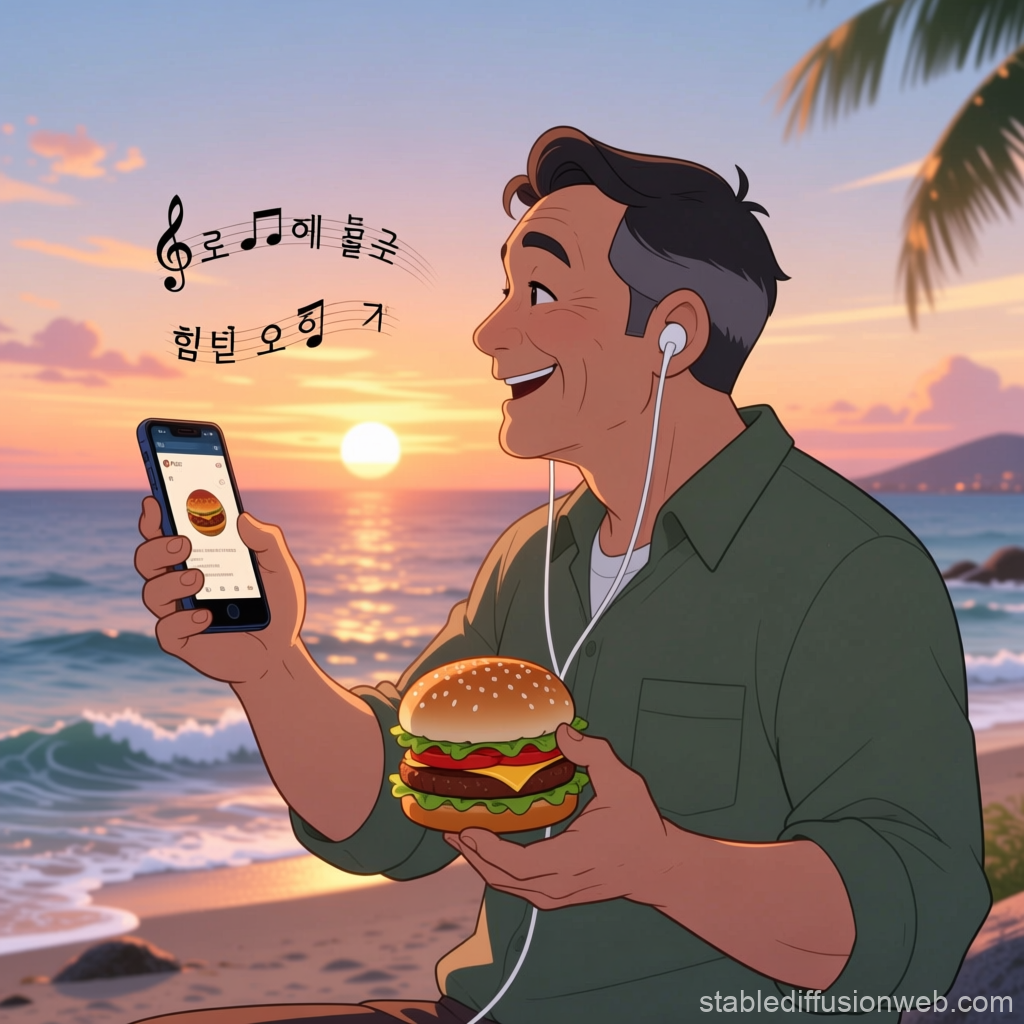 Man Enjoying Sunset with Burger and Music by the Sea