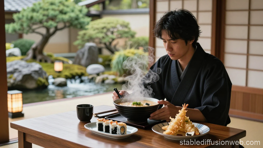 Man Enjoying Traditional Japanese Meal in Zen Garden