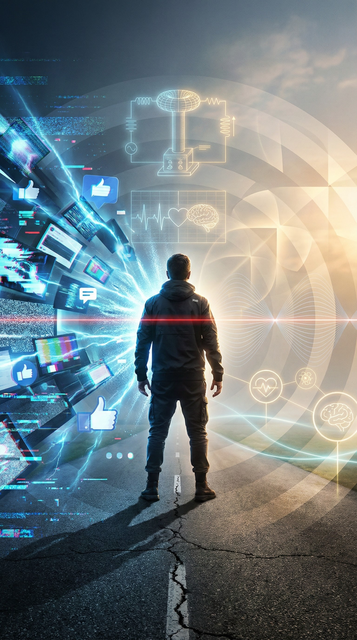 Man Facing Digital and Health Data Interface in Futuristic Scene