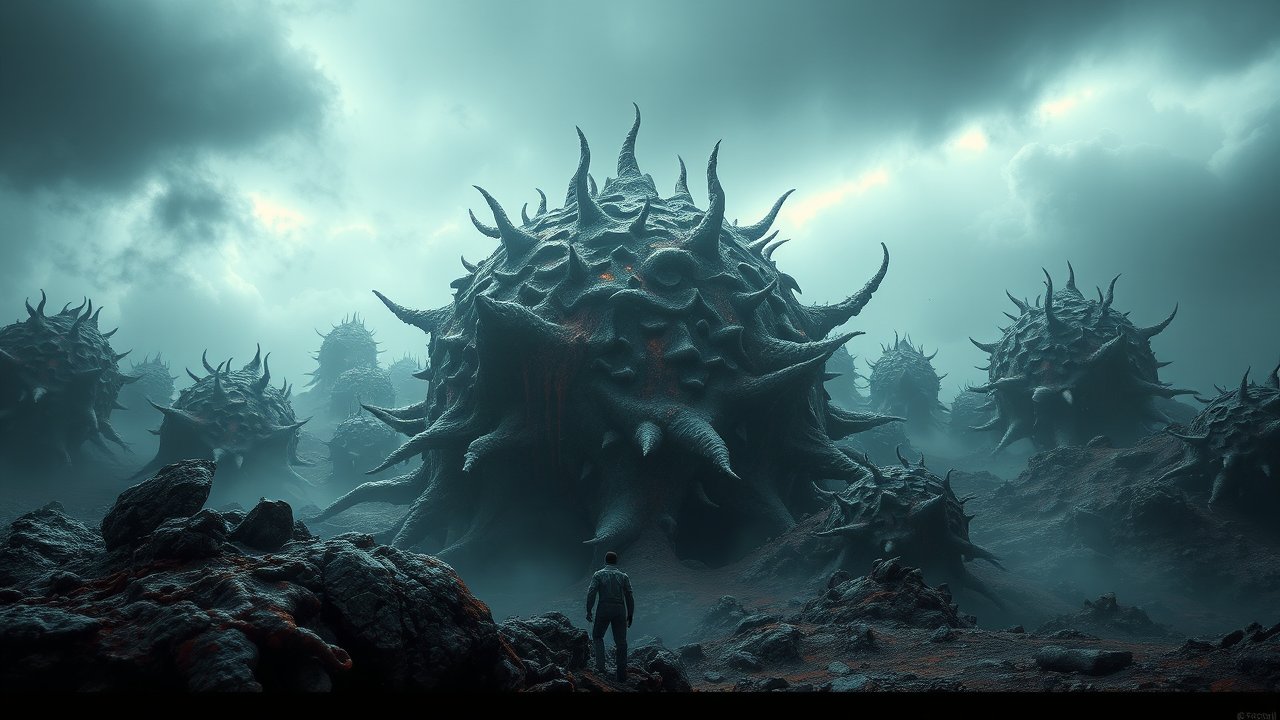 Man Facing Giant Spiked Alien Creatures in Foggy Landscape