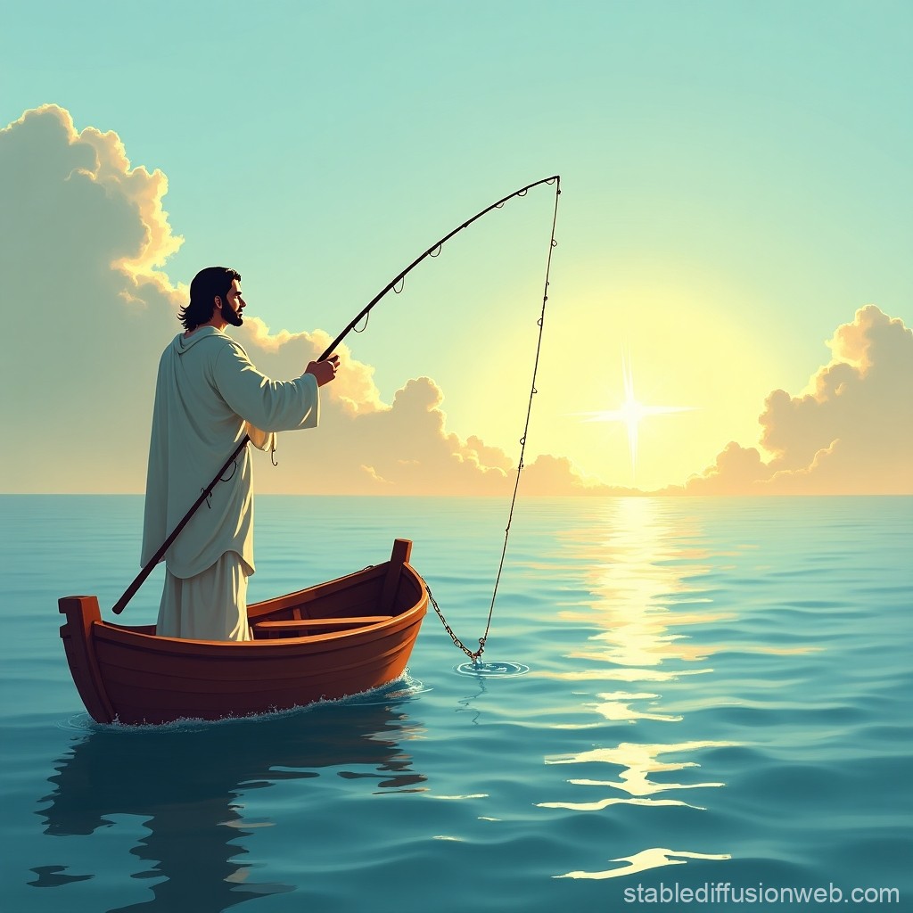 Man Fishing on Calm Sea at Sunrise
