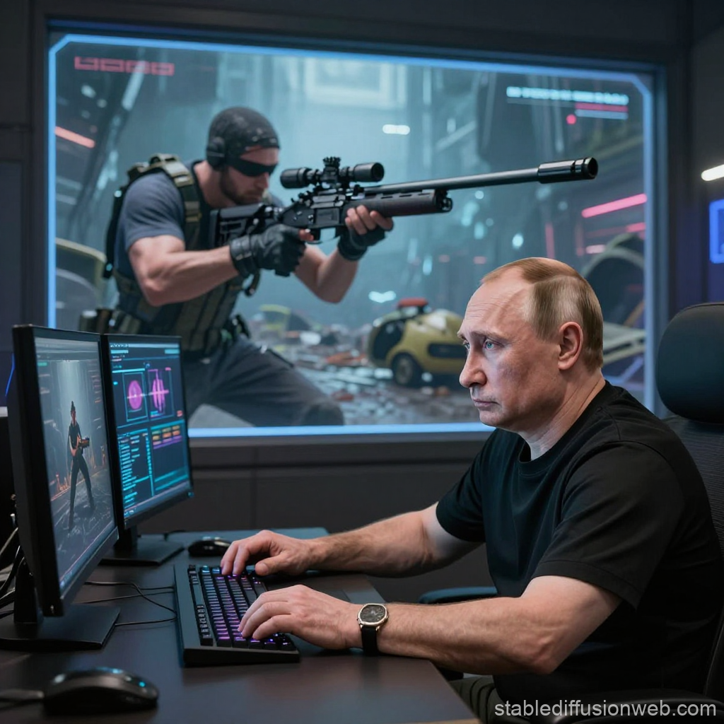 Man Focused on Gaming with Tactical Shooter Scene on Screen