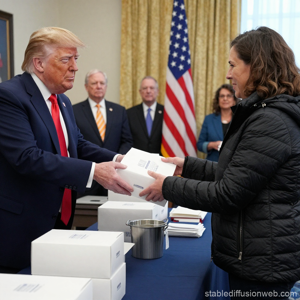 Man handing a box to a woman in a formal setting