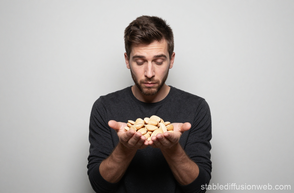 Man Holding a Pile of Pistachio Nuts in Hands