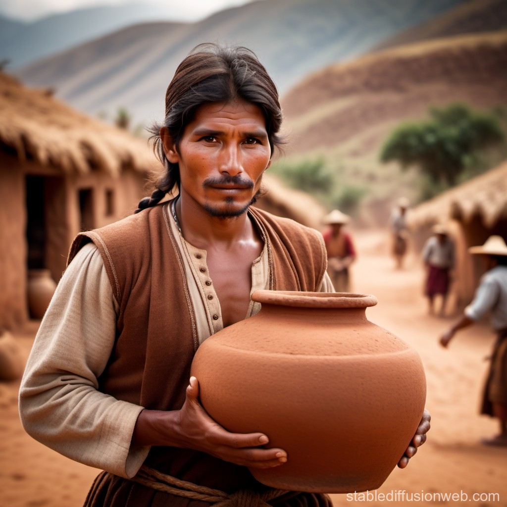 Man Holding Large Clay Pot in Traditional Village Setting