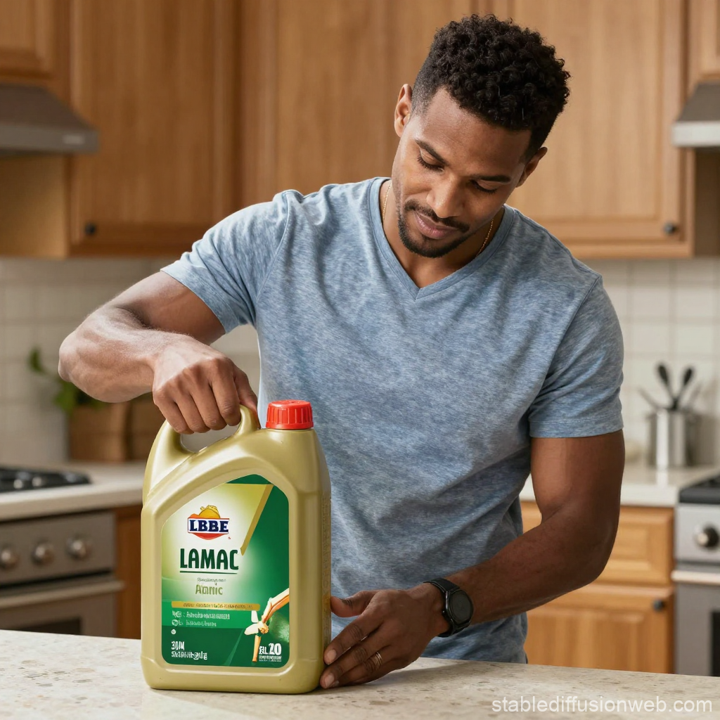 Man Holding Large Container of Cooking Oil in Kitchen
