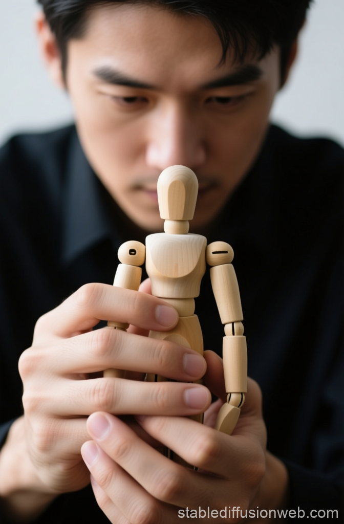 Man Holding Wooden Articulated Doll in Focused Pose