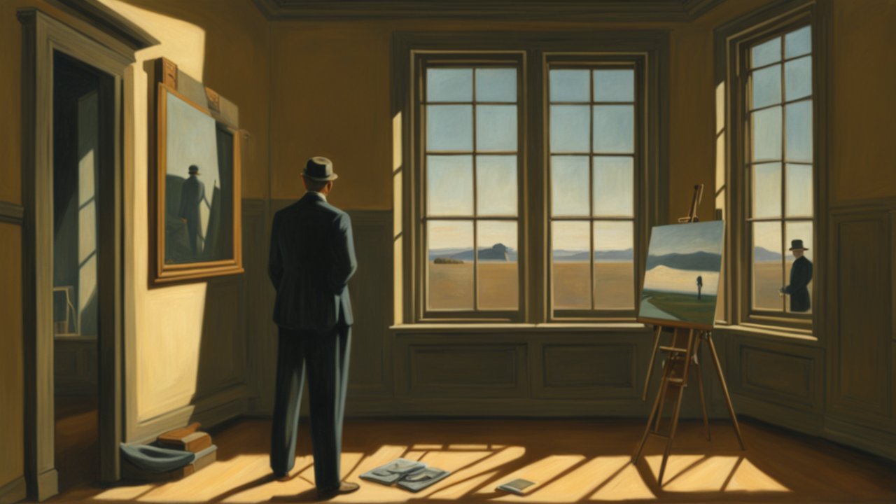 Man in a Hat Contemplating Paintings in a Sunlit Room