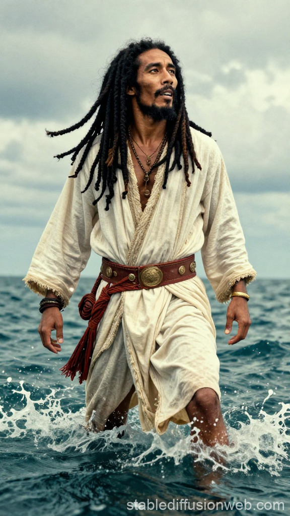 Man in Ancient Robes Walking Through Water