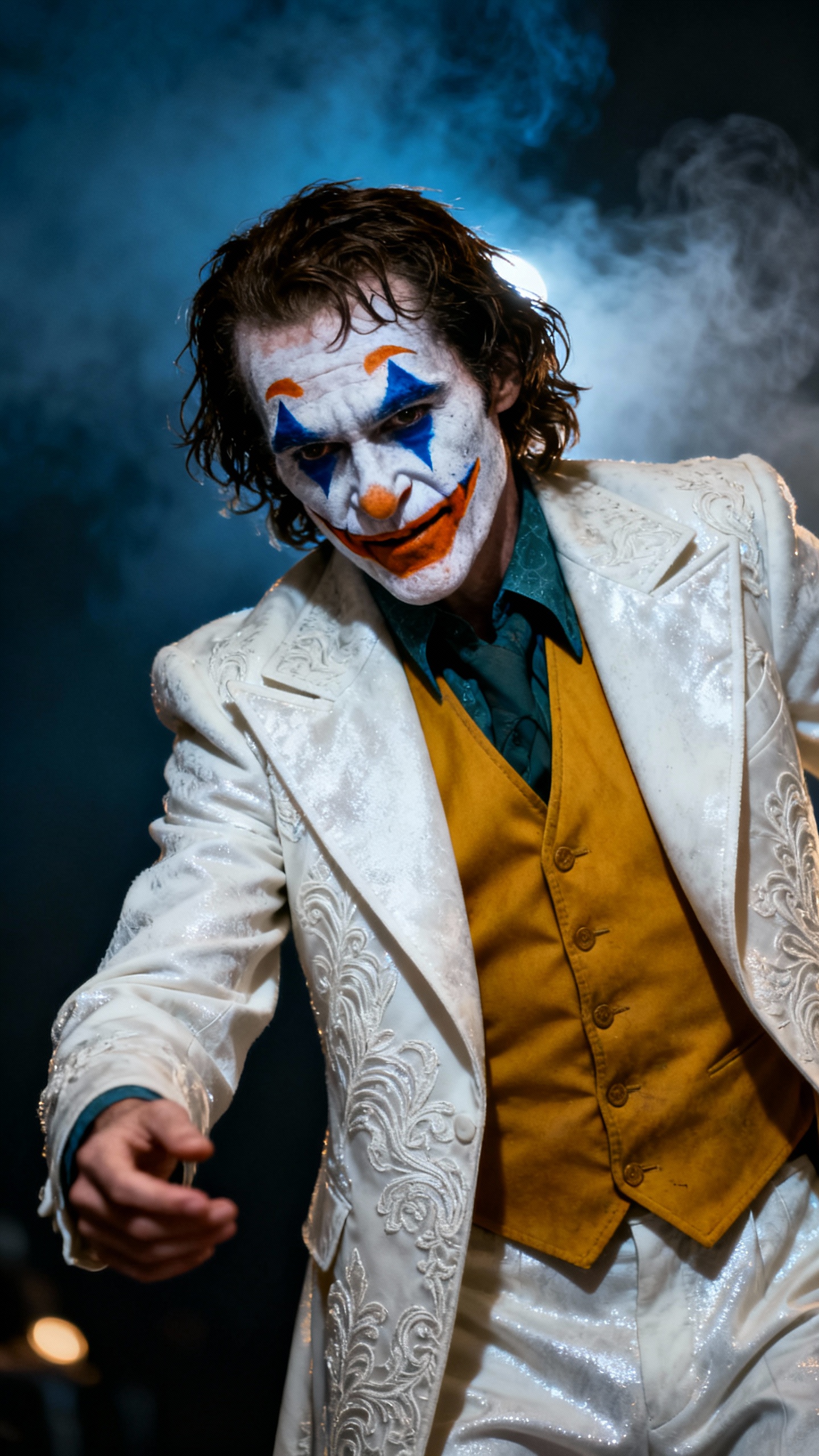Man in Detailed White Suit and Clown Makeup