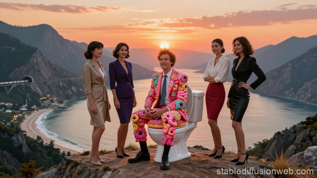 Man in Donut Suit Sitting on Toilet with Women at Sunset
