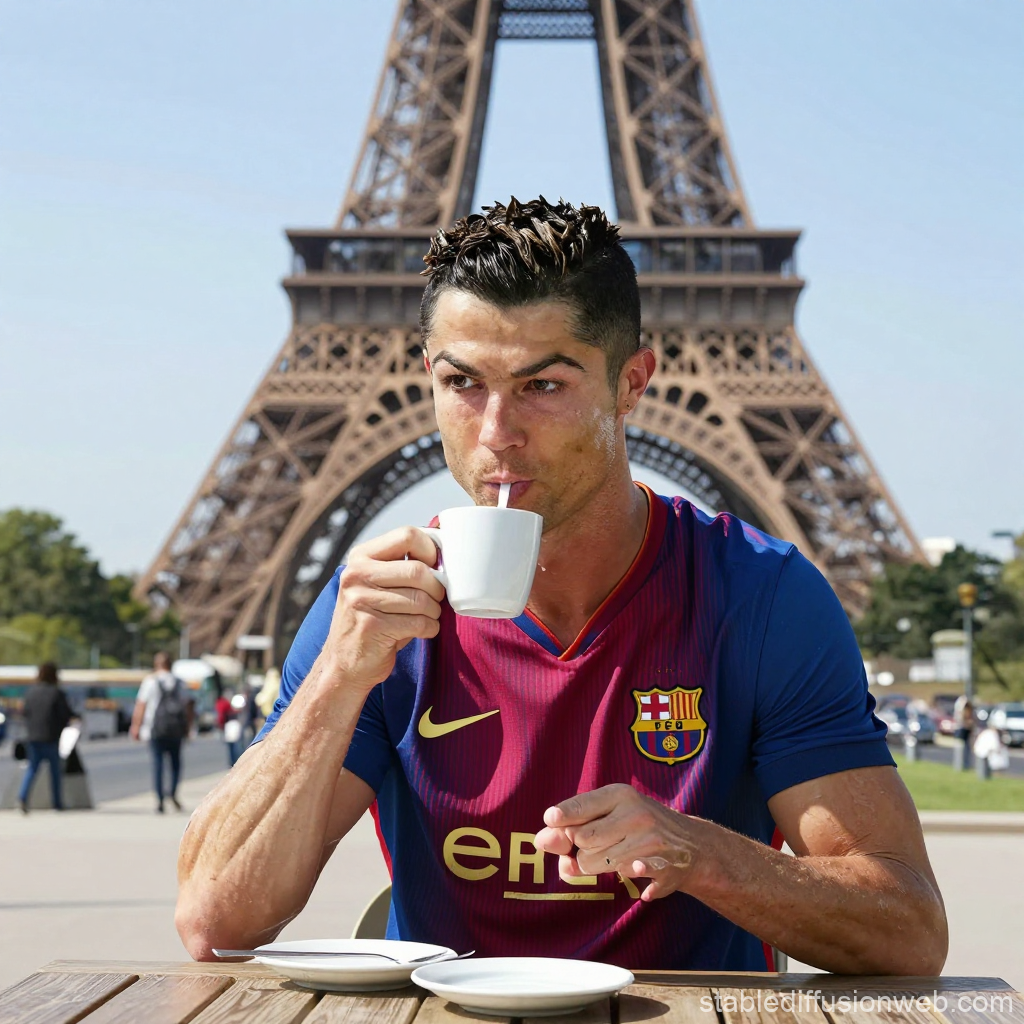 Man in Football Jersey Drinking Coffee Near Eiffel Tower