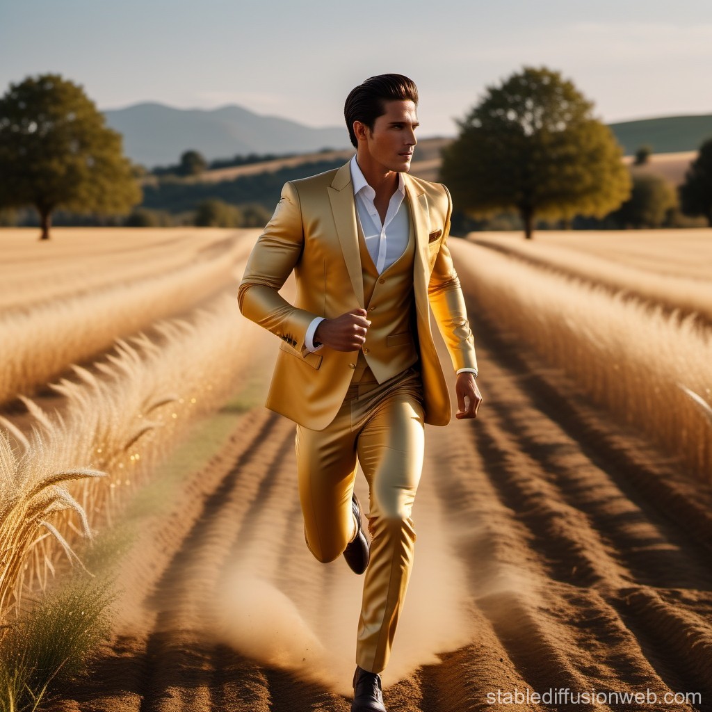 Man in Golden Suit Running Through Wheat Field