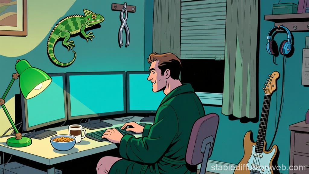 Man in Green Hoodie Working at Triple Monitor Desk