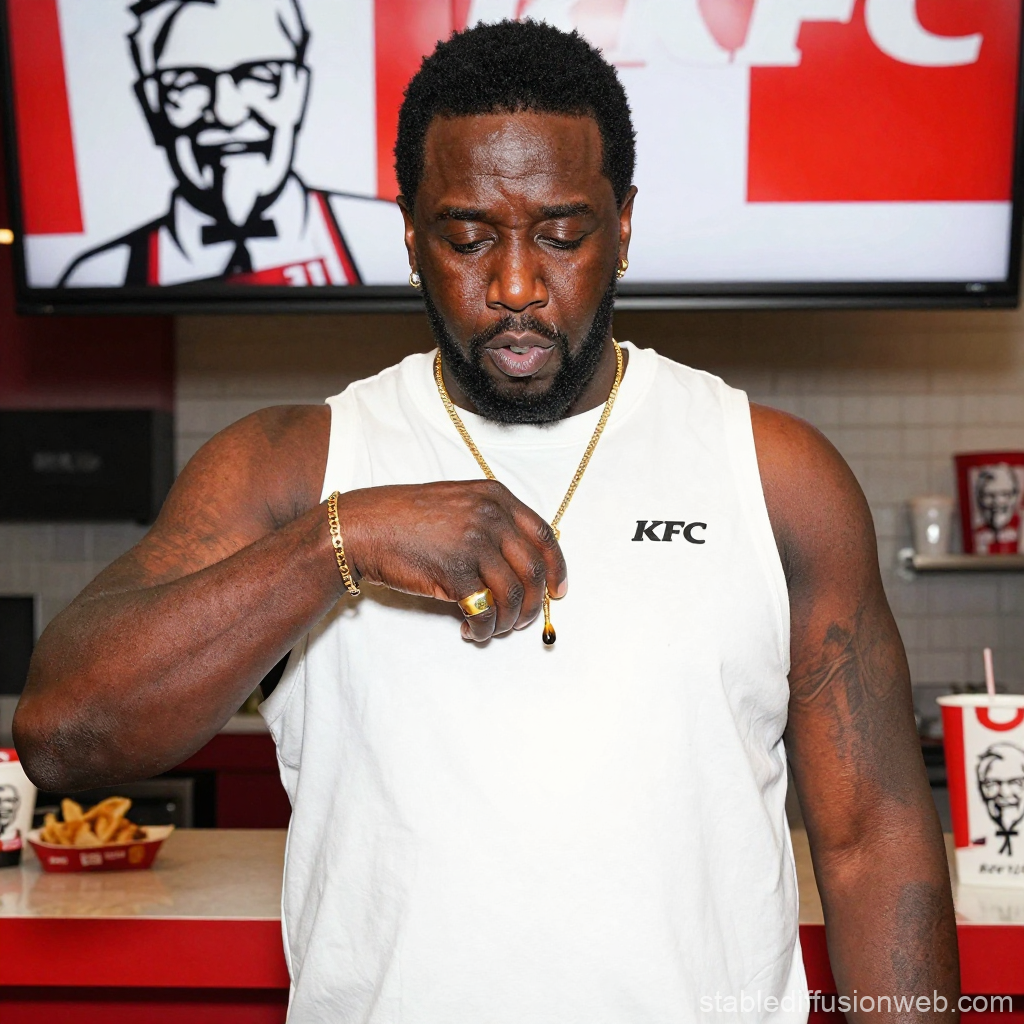 Man in KFC Shirt Holding Sauce Drop