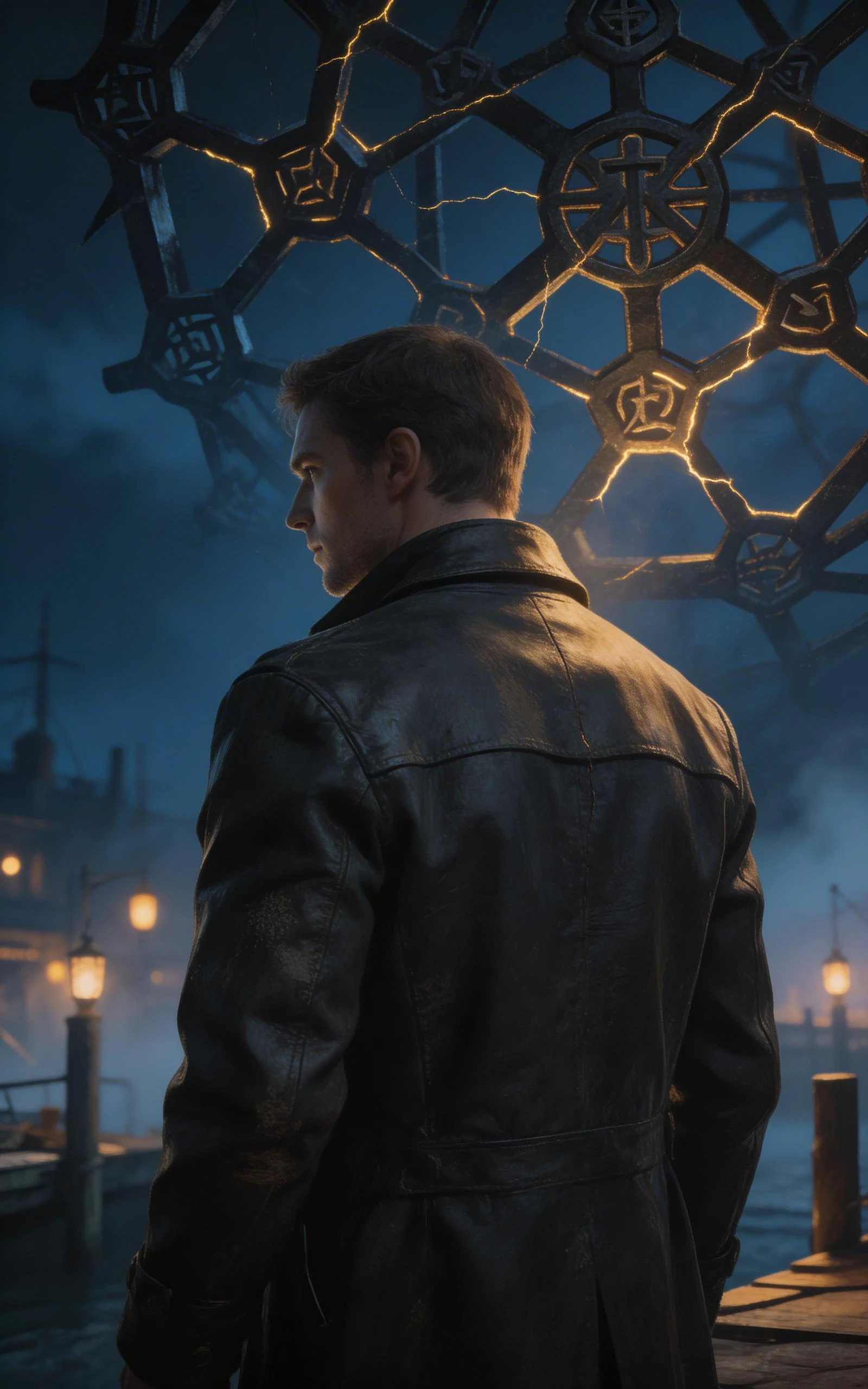 Man in Leather Coat Before a Magical Lattice at Night