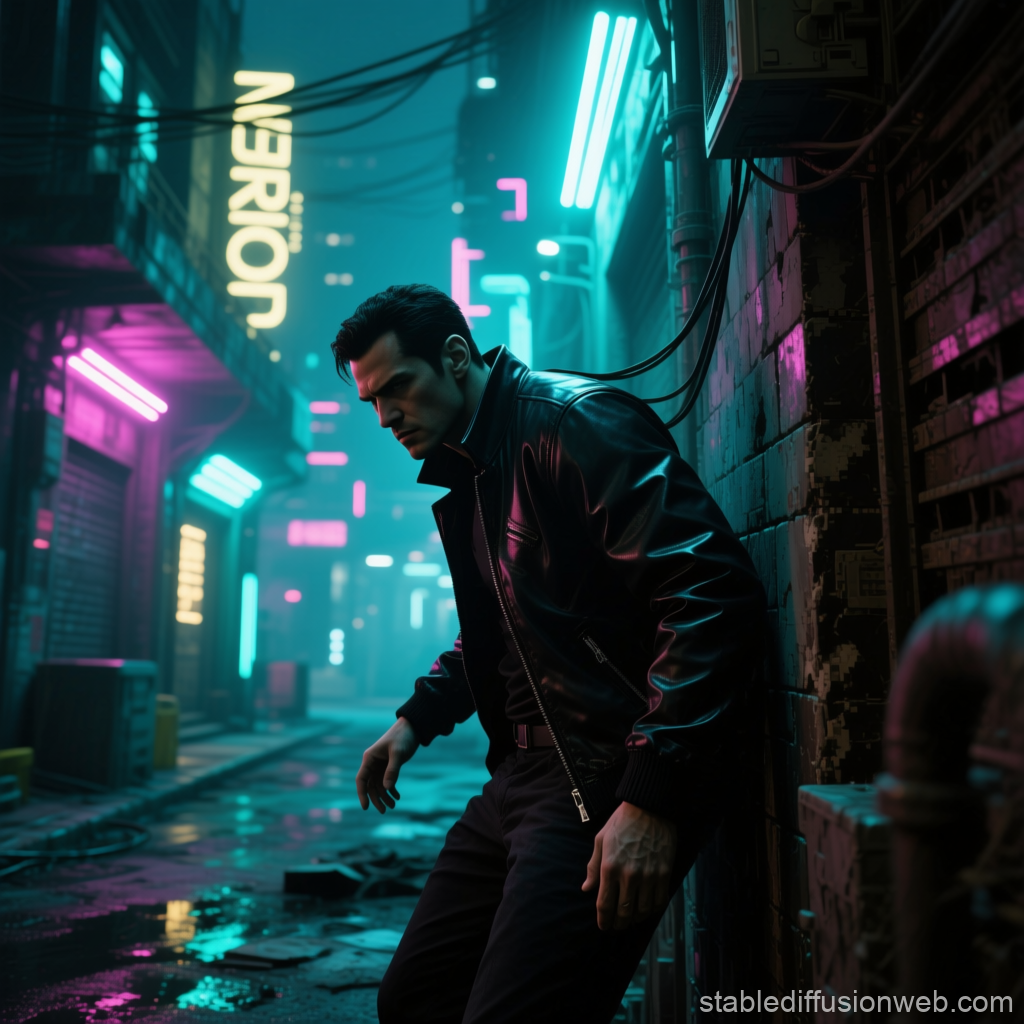 Man in Leather Jacket in Neon-Lit Cyberpunk Alley