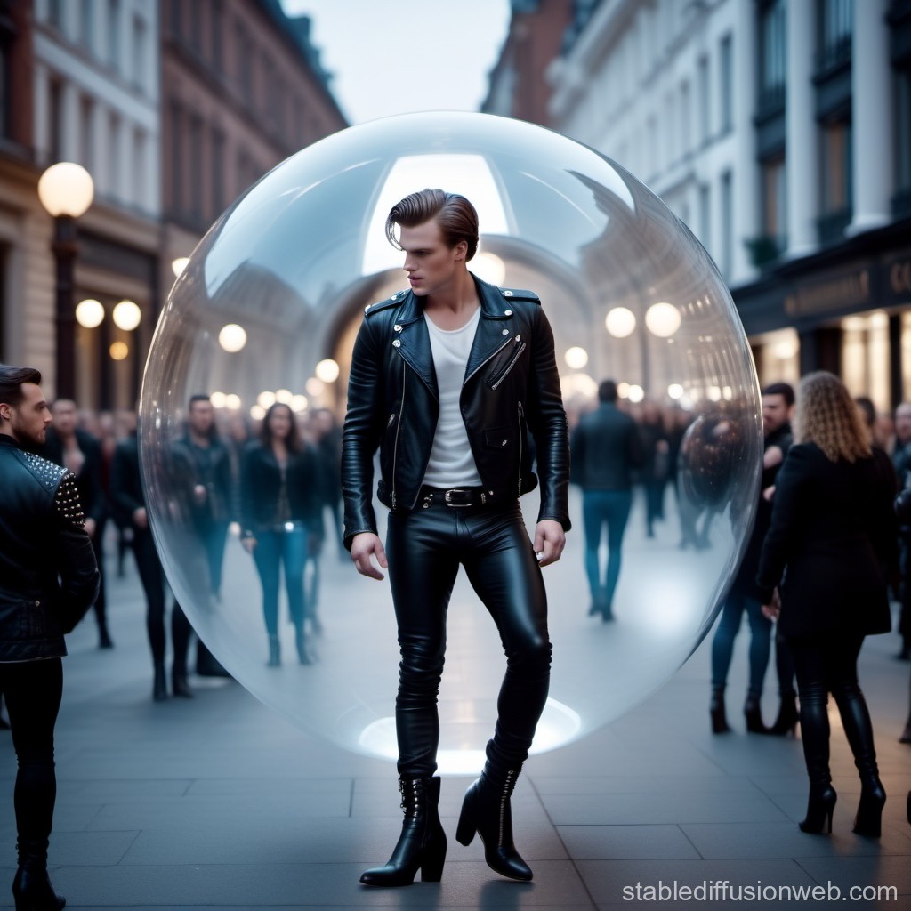 Man in Leather Jacket Inside Transparent Bubble on City Street