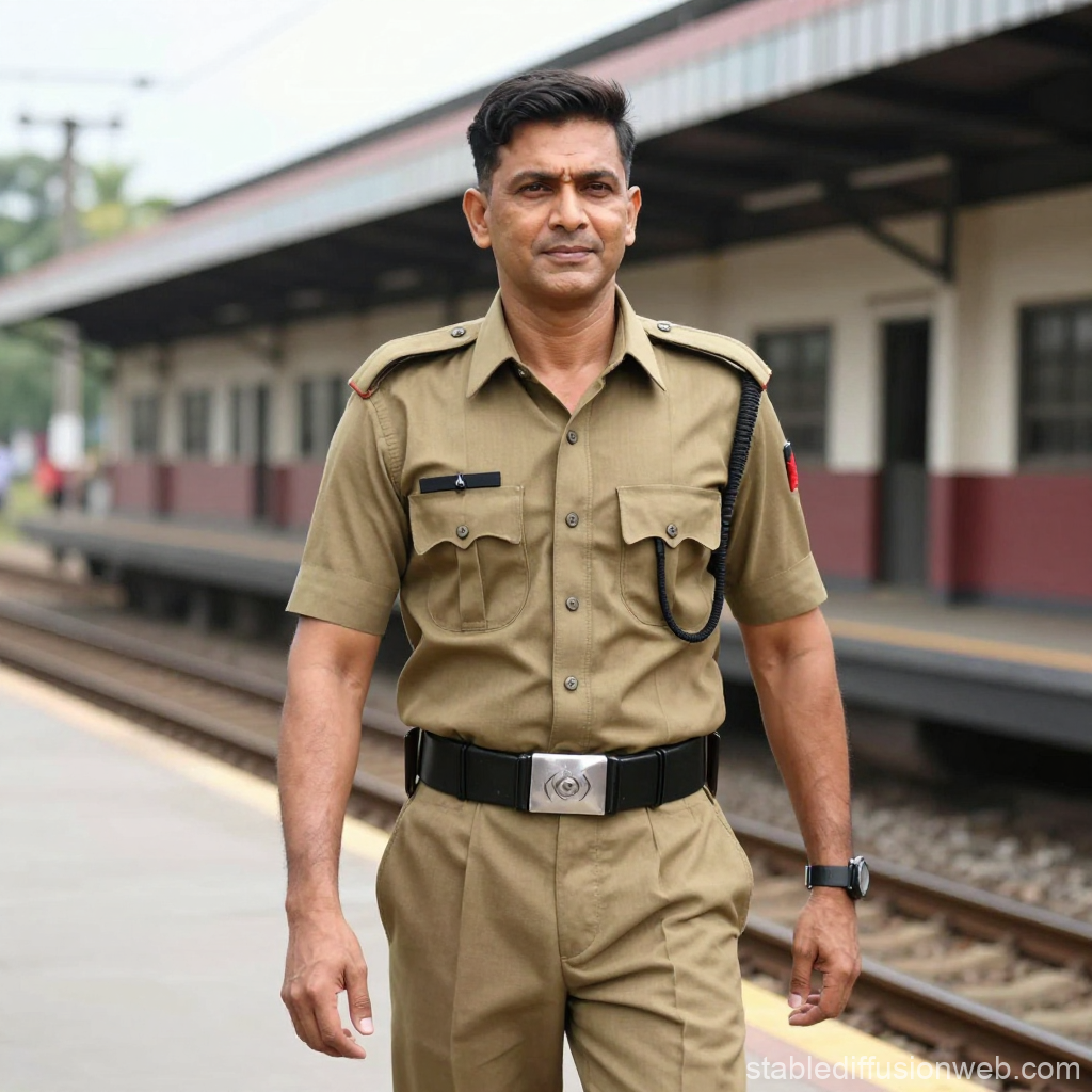 Man in Police Uniform Walking at Railway Station