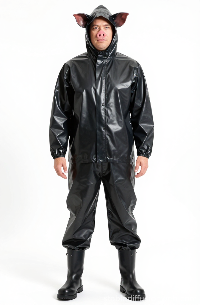 Man in Shiny Black Pig Costume with Hood and Boots