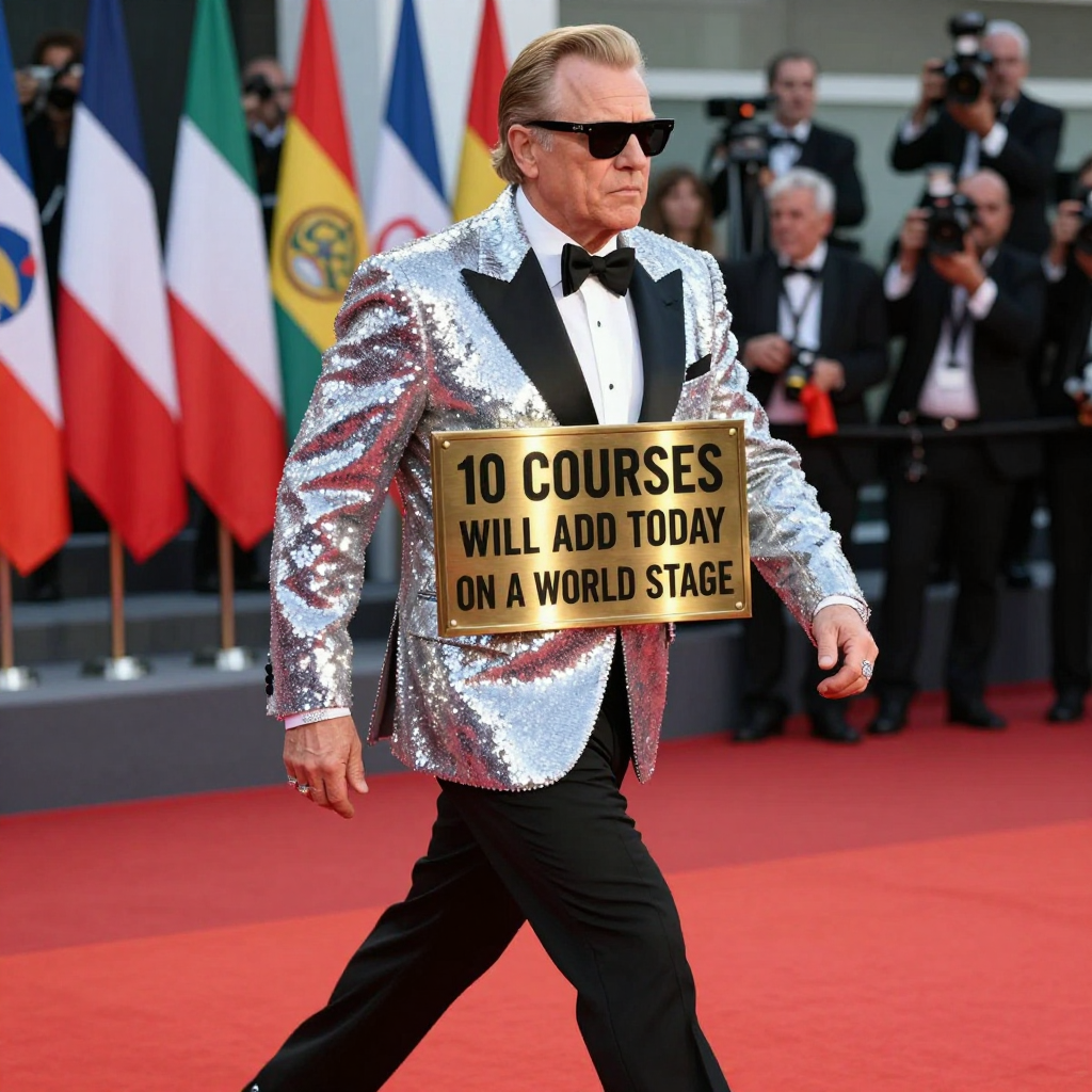 Man in Silver Sequin Jacket on Red Carpet with Bold Sign