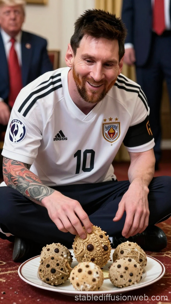 Man in Soccer Jersey Smiling with Decorative Balls on Plate