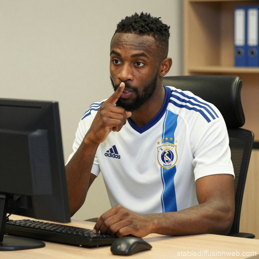 Man in Sports Jersey Concentrating at Office Desk