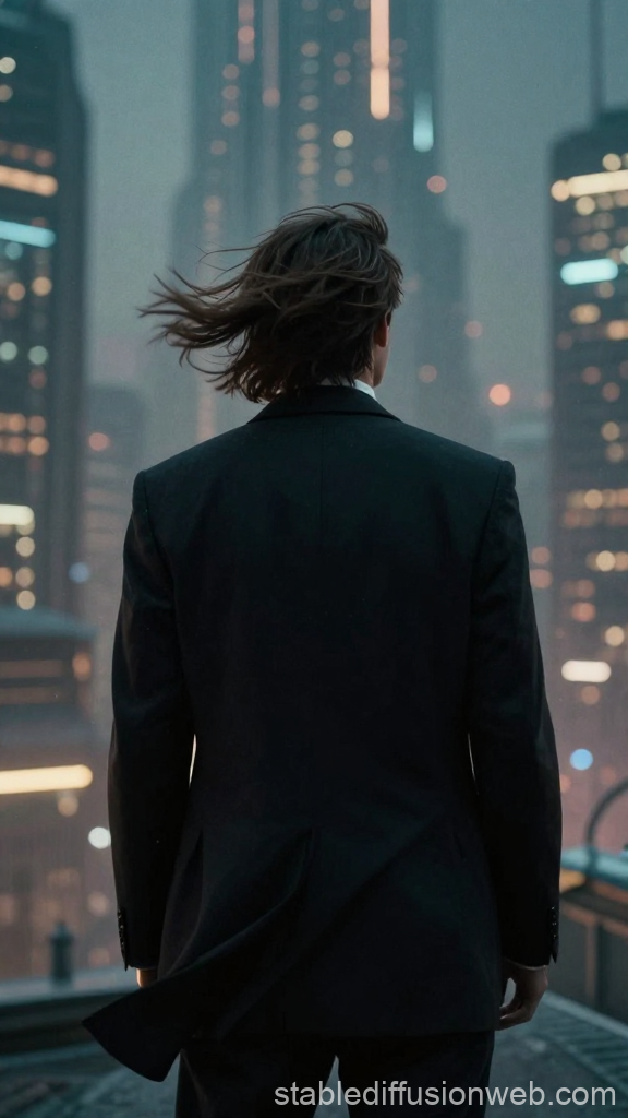 Man in Suit Facing Futuristic Cityscape at Dusk