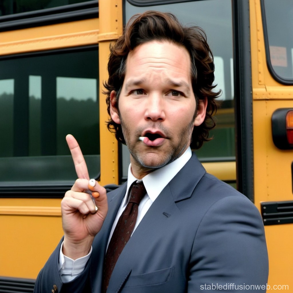 Man in Suit Gesturing with Finger Near School Bus