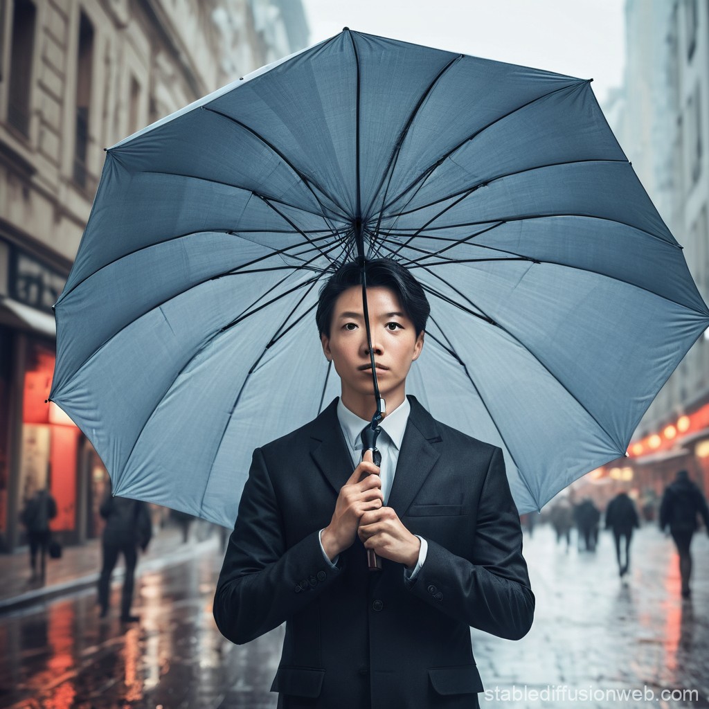 Man in Suit Holding Umbrella on Rainy City Street