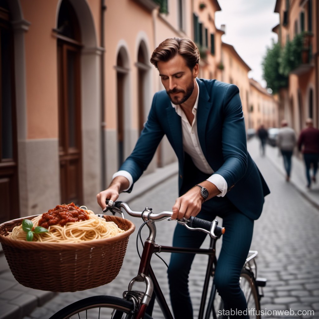 Man in Suit Riding Bicycle with Basket of Spaghetti