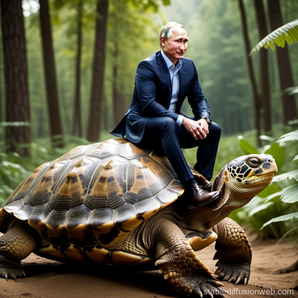 Man in Suit Riding Giant Tortoise in Forest