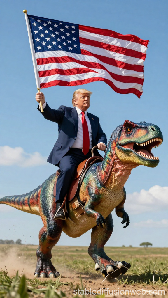 Man in Suit Riding Velociraptor Holding American Flag