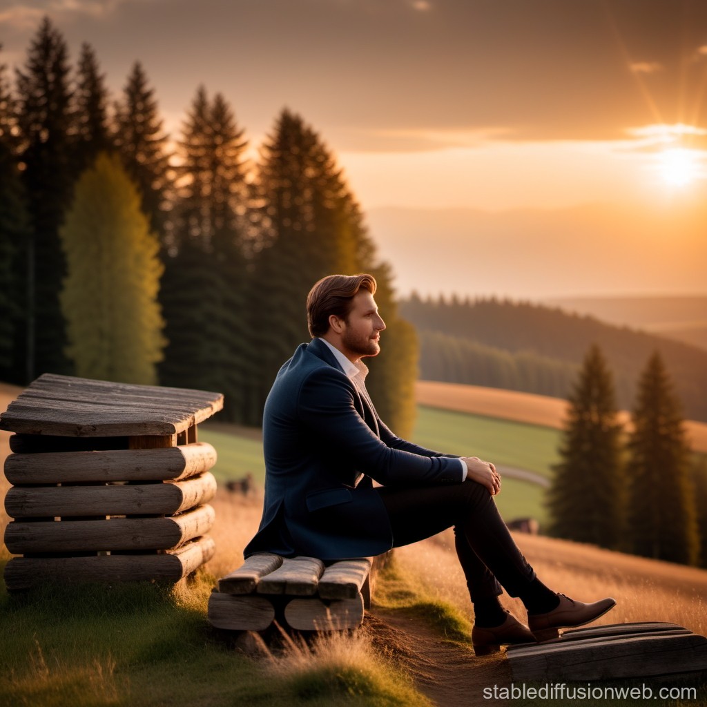 Man in Suit Sitting on Bench at Sunset in Scenic Countryside