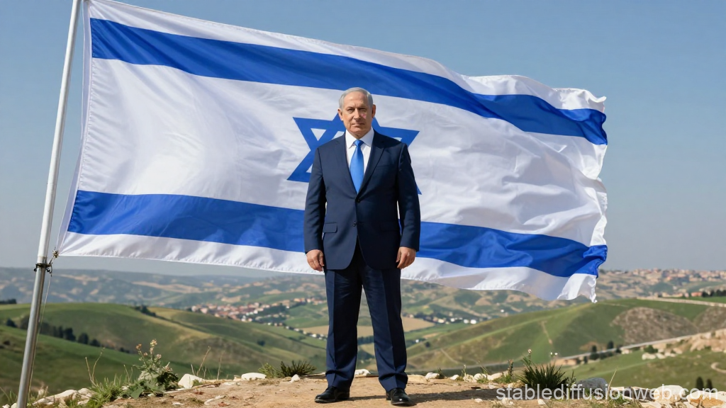 Man in Suit Standing Before Large Israeli Flag on Hill