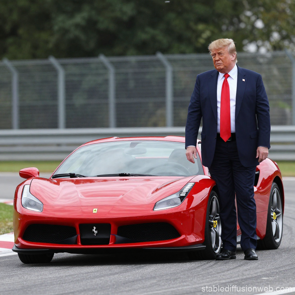 Man in Suit Standing Next to Red Ferrari on Race Track