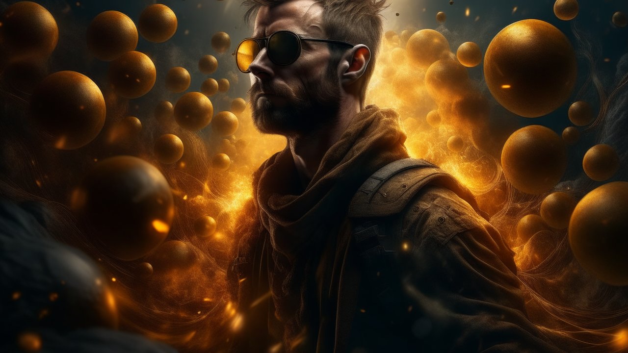 Man in Sunglasses Surrounded by Glowing Spheres