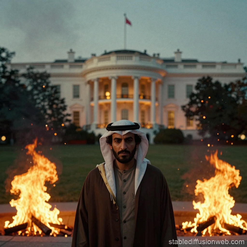 Man in Traditional Middle Eastern Attire with Fires in Front of White House