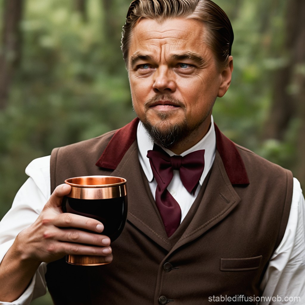 Man in Vintage Attire Holding a Copper Mug