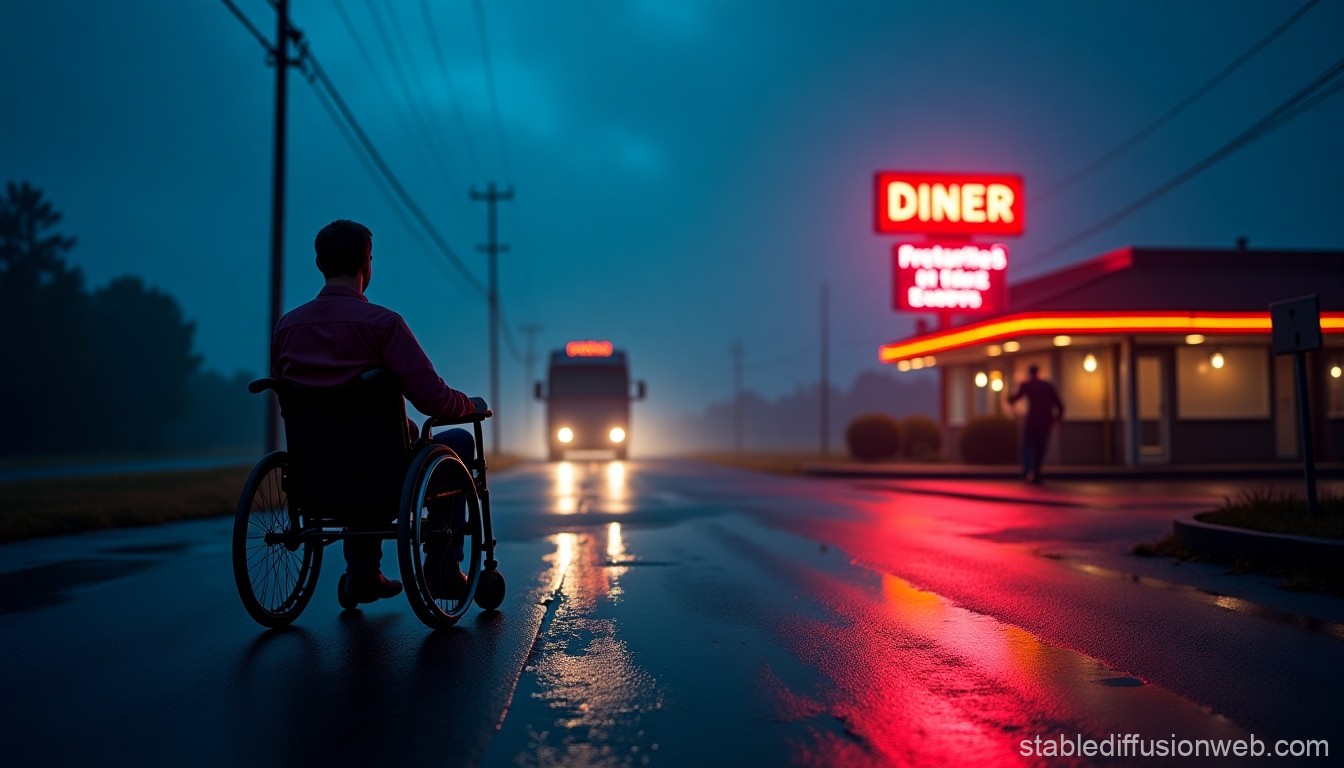 Man in Wheelchair Facing Night Road with Diner Neon Lights