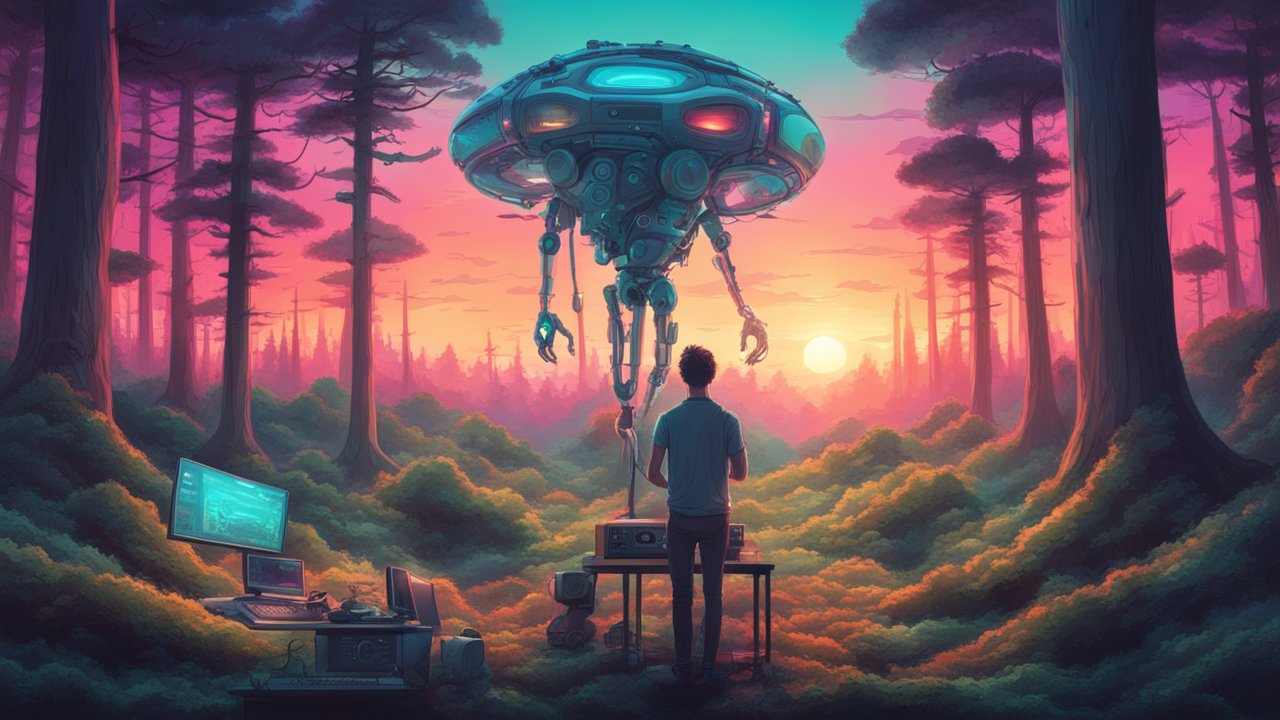 Man Interacting with Futuristic Robot in Enchanted Forest at Sunset