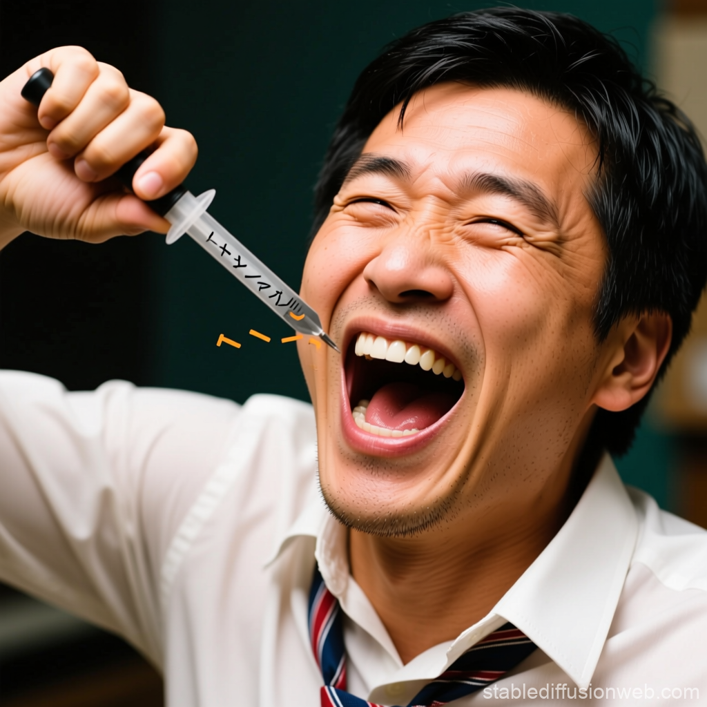 Man Laughing While Holding Syringe Near Mouth