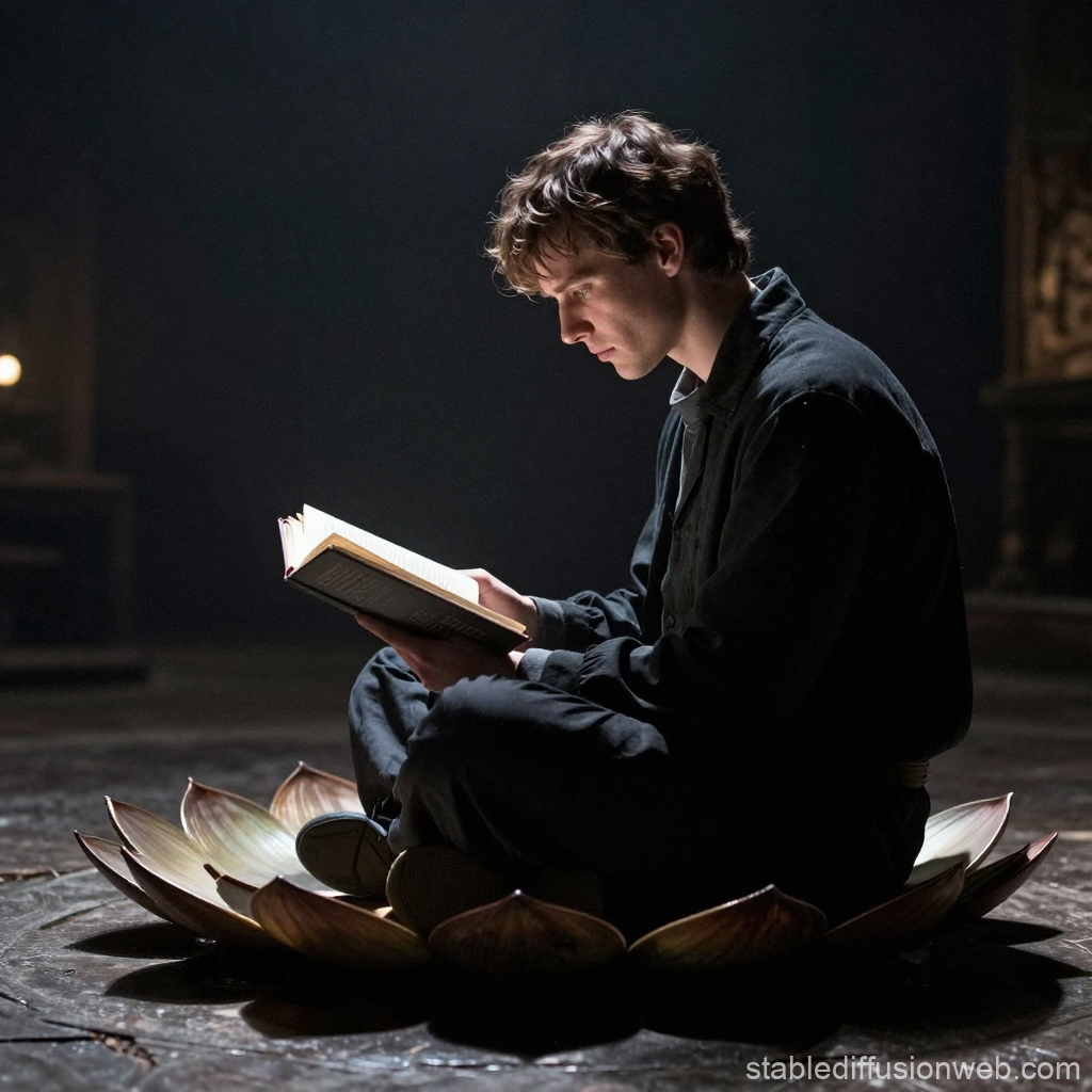 Man Meditating and Reading in Lotus Pose on Petal Platform