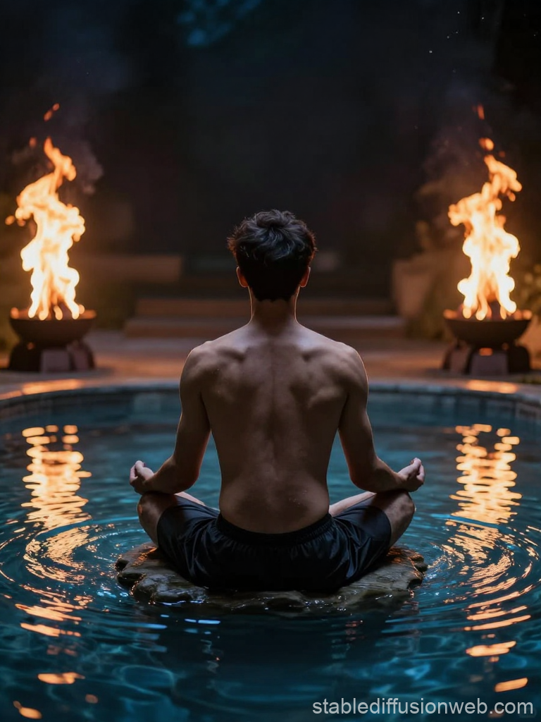 Man Meditating on Water Surrounded by Fire Bowls at Night