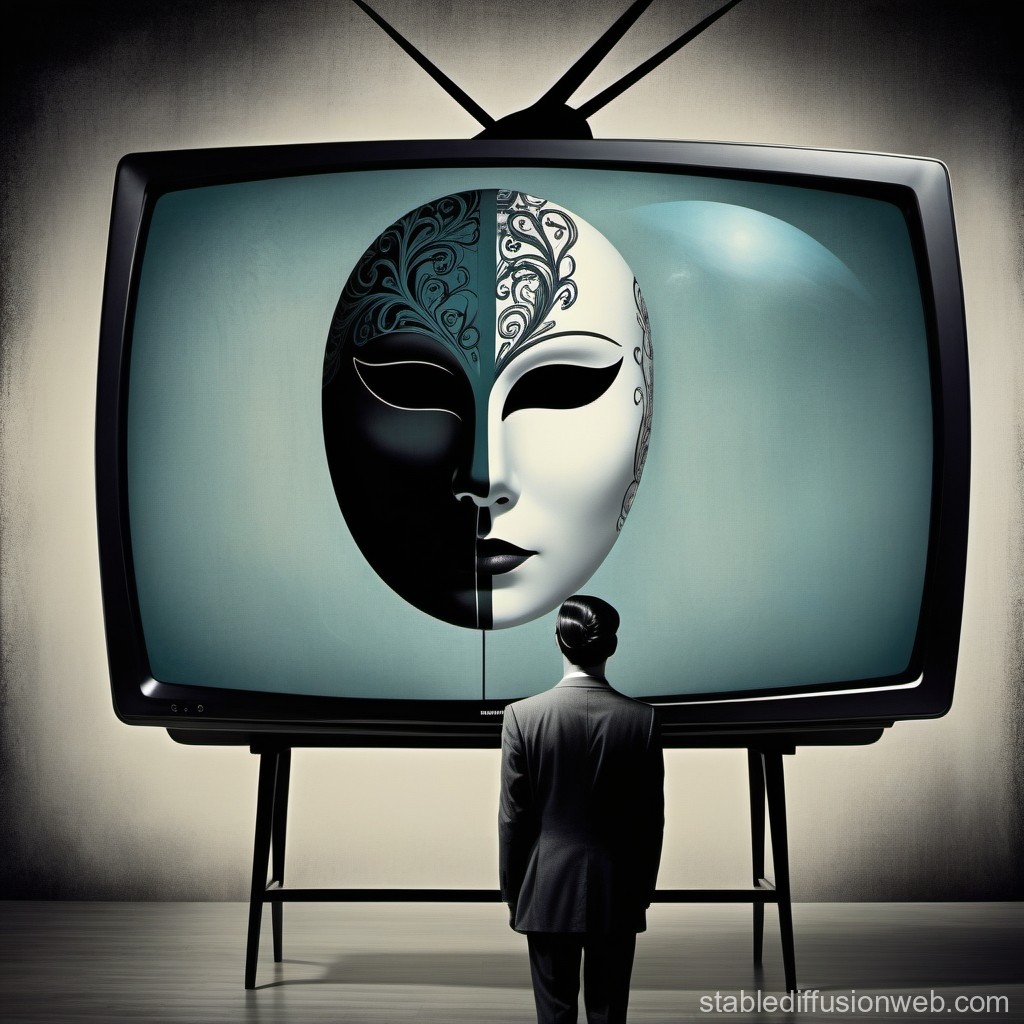 Man Observing Dual-Tone Mask on Vintage TV Screen