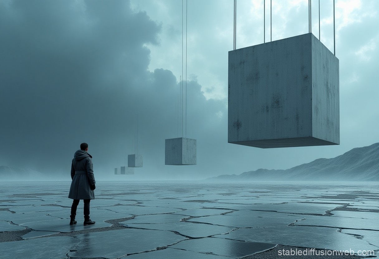 Man Observing Suspended Concrete Cubes in Surreal Landscape