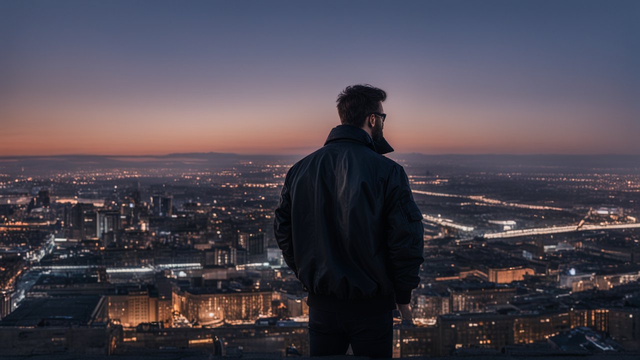 Man Overlooking Cityscape at Dusk